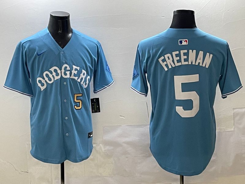 Men Los Angeles Dodgers 5 Freeman Light Blue Throwback Game 2025 Nike MLB Jersey style 21